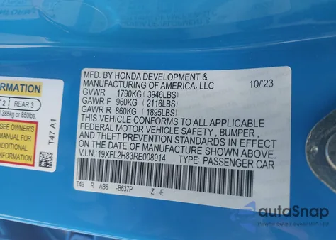 2024 Honda Civic Sport z USA, uszkodzony, nr VIN 19XFL2H83RE008914